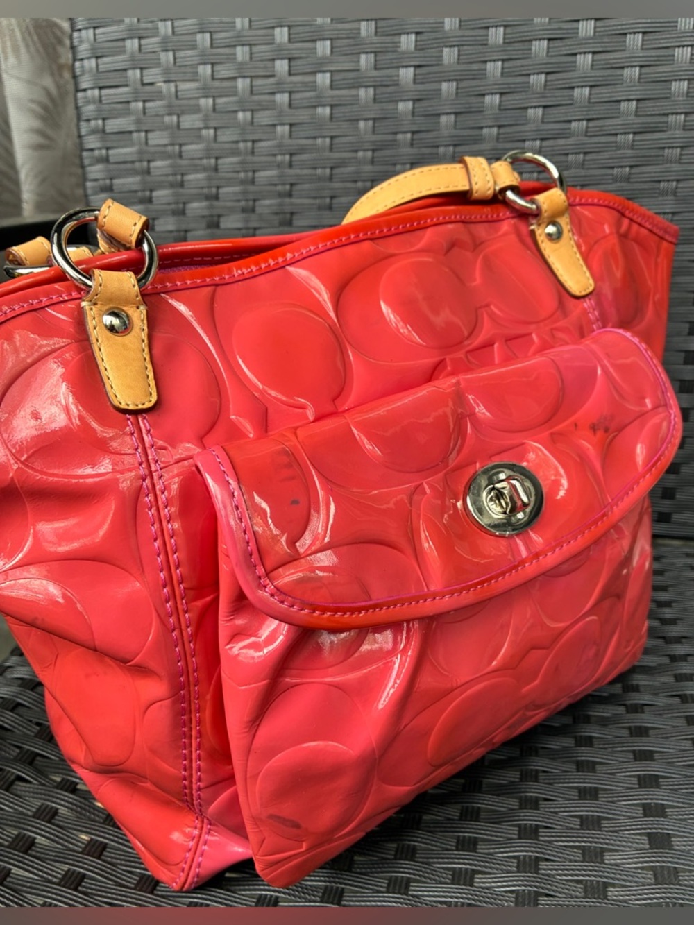Coach Glossy Red Patent Tote with Tan Leather Straps - Picture 2 of 16